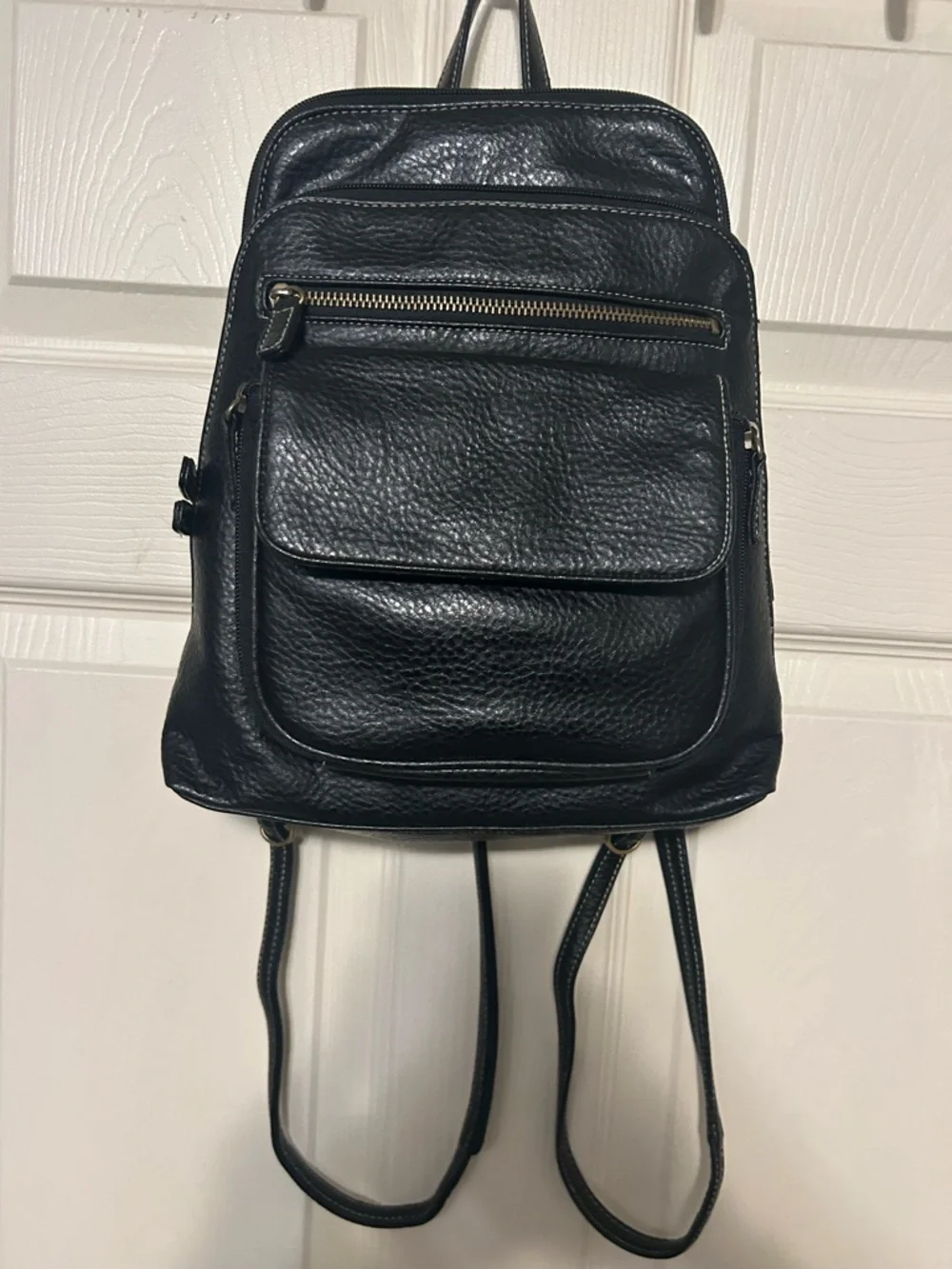 Black Leather Backpack with Front Pockets